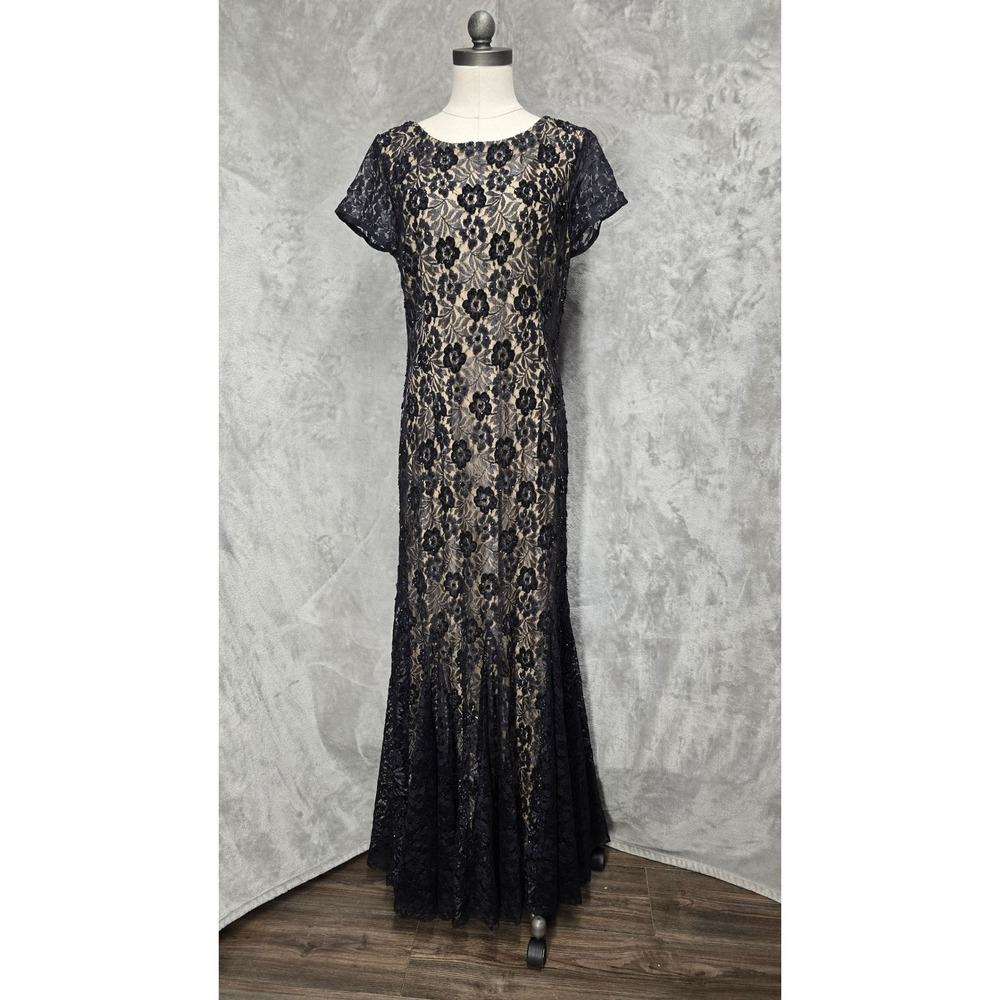 Adrianna Papell Evening Gown Women 14 Blk Floral Lace Maxi Dress Whimsigoth Glam